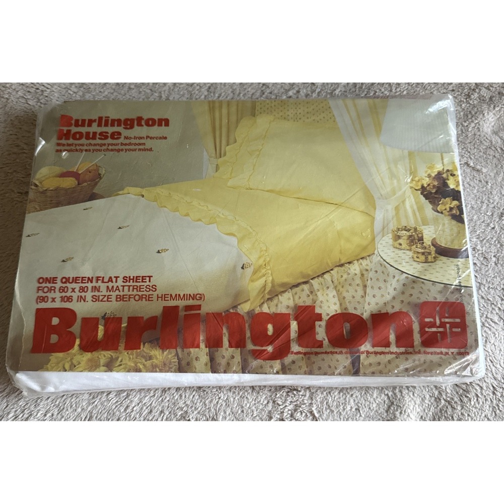 Vtg Burlington House Queen Flat Sheet White Ruffle No Iron Percale Made USA NOS